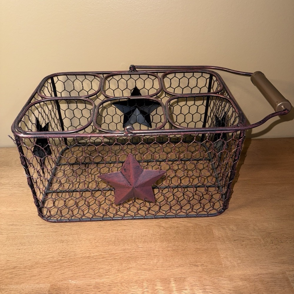 Rustic Chicken Wire 6 Bottle Caddy Primitive Metal Star Farmhouse Decor Copper